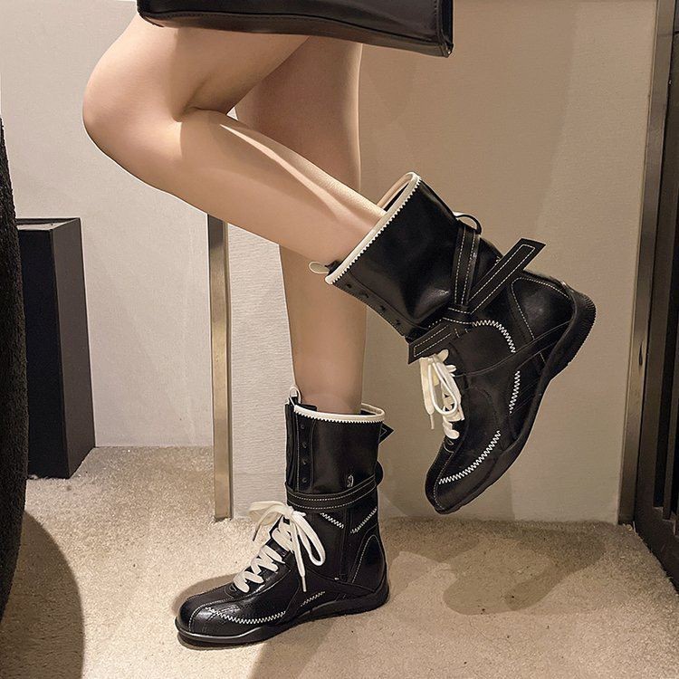 Wholesale Custom Women’s Black Mid-Calf Boots White Contrast Stitch Street Boots - Image 2