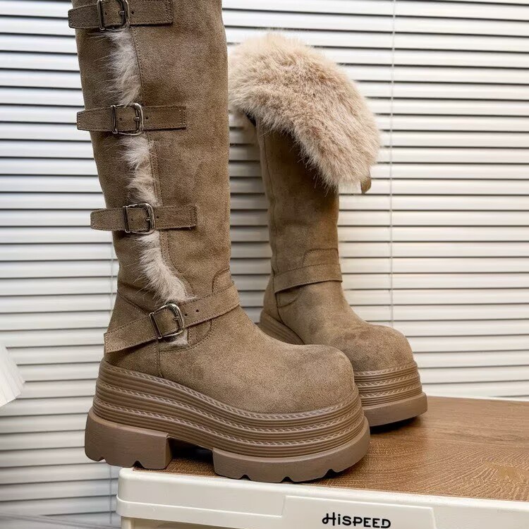 Wholesale Custom Women’s Brown Suede Fur-Lined Platform Buckle Winter Boots - Image 2