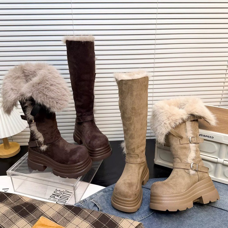 Wholesale Custom Women’s Brown Suede Fur-Lined Platform Buckle Winter Boots - Image 3