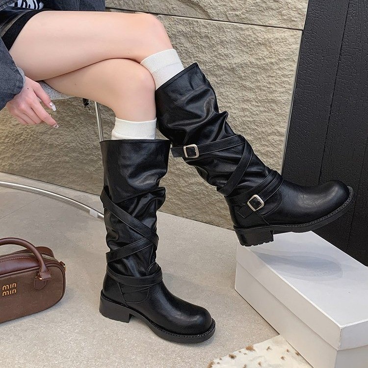 Wholesale Women’s Dark Brown Slouch Knee-High Boots Buckle Straps Lug Sole Fashion Boots - Image 2