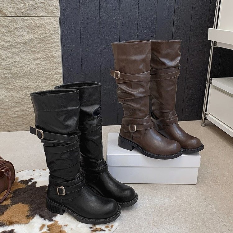 Wholesale Women’s Dark Brown Slouch Knee-High Boots Buckle Straps Lug Sole Fashion Boots - Image 4