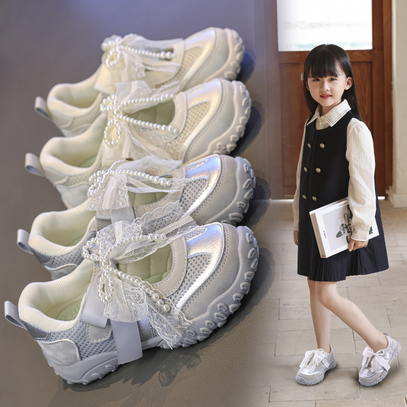Girls Mesh Casual Mary Jane Shoes | Lace Pearl Bow Princess Sneakers Bulk