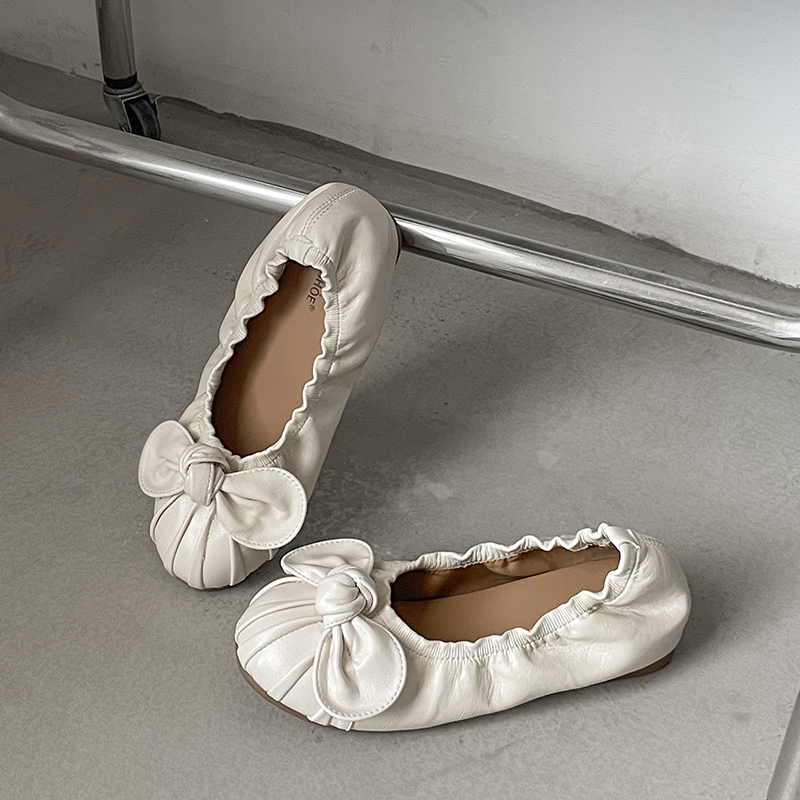 Wholesale Women’s Ivory Ballet Flats Elastic Topline Bow Round Toe Casual Dress Shoes - Image 2