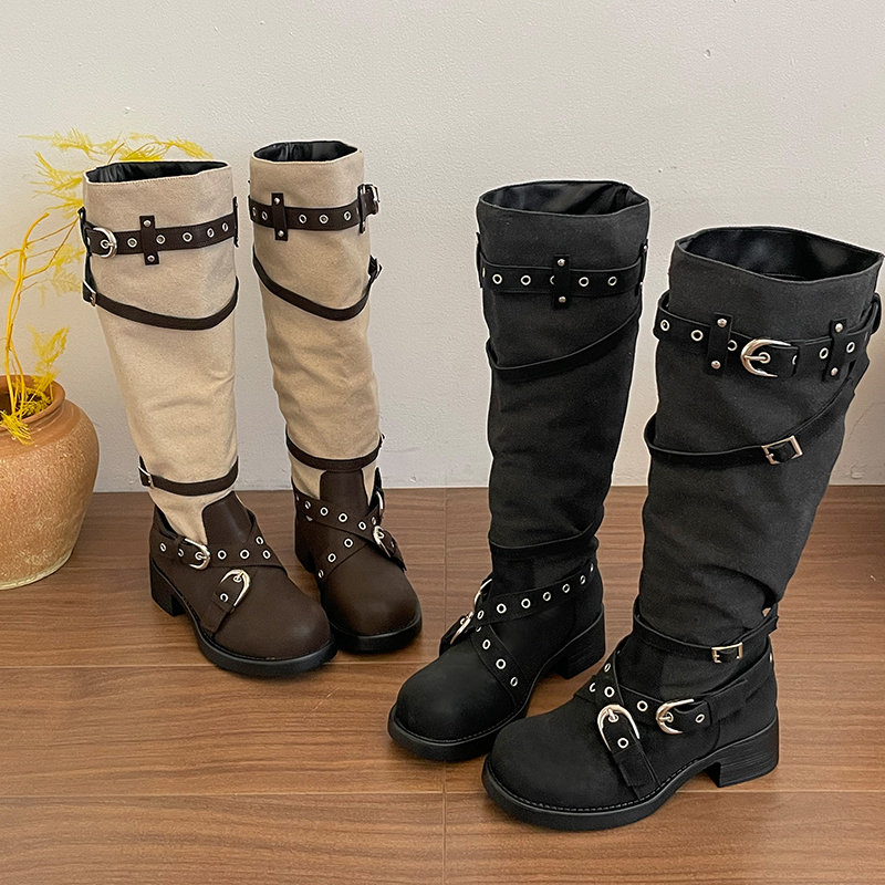 Wholesale Women’s Knee-High Multi-Buckle Boots Round Toe Block Heel Fashion Boots - Image 2