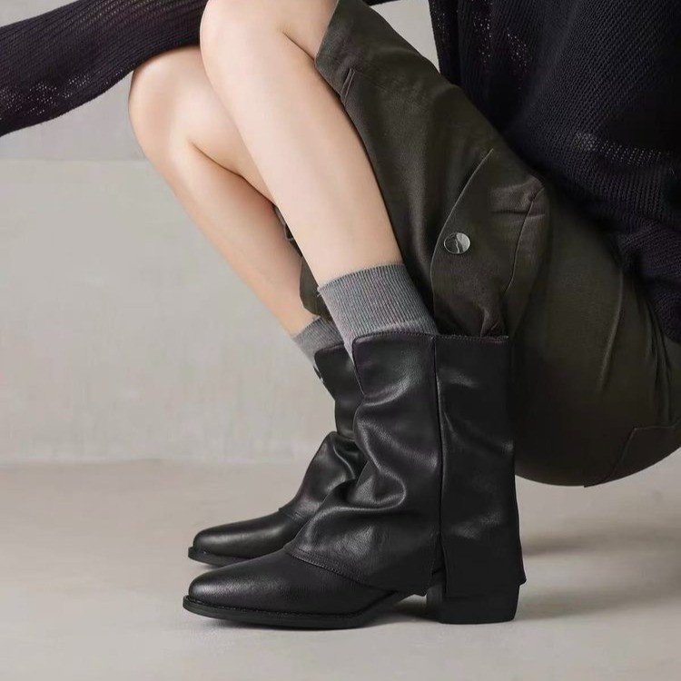 Black Mid-Calf Slouch Block Heel Boots Wholesale Custom Women’s Fashion Boots - Image 3