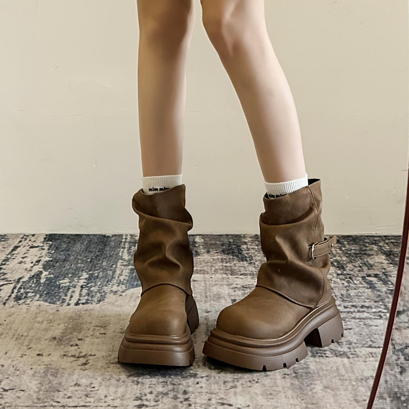 Wholesale Custom Women’s Brown Mid-Calf Slouchy Chunky Platform Boots - Image 3